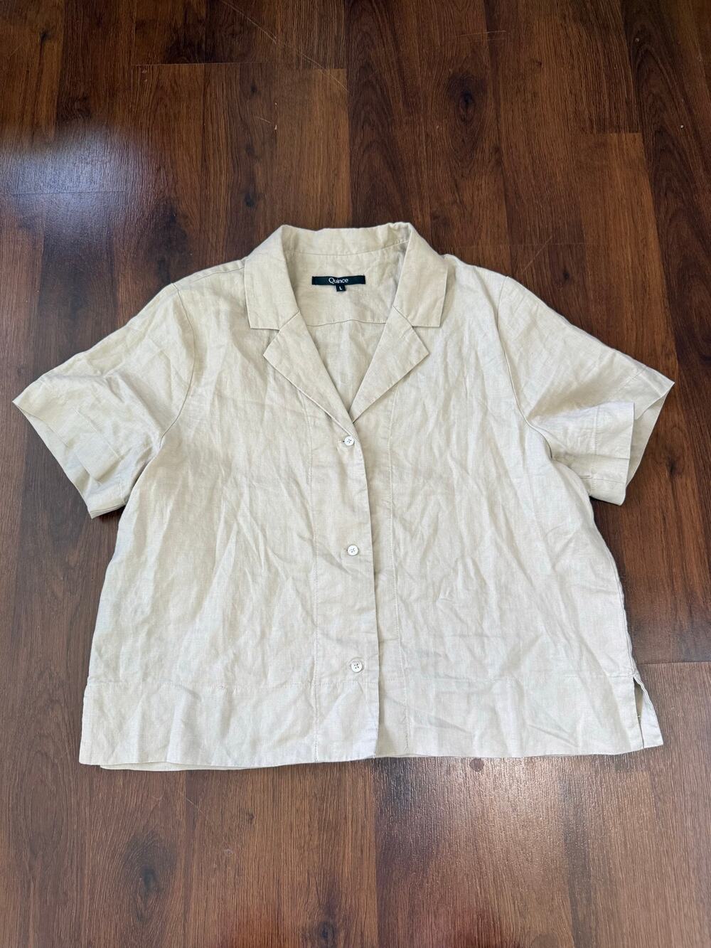 Quince 100% Organic Linen Short Sleeve Shirt Beige Sz L Casual Minimalist Indie